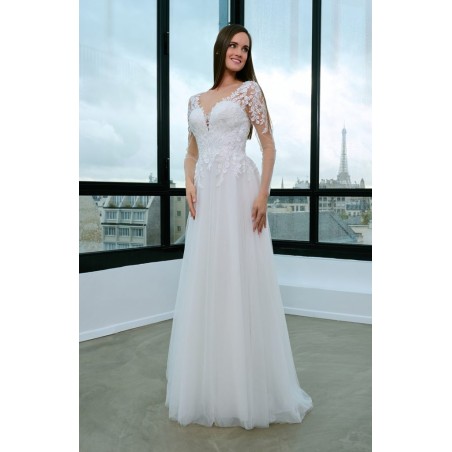 Robe princesse tulle scintillant, col V, corsage dentelle 3D florale, sans manches