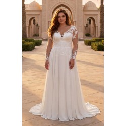 Robe de mariée fluide manches longues en dentelle grande taille