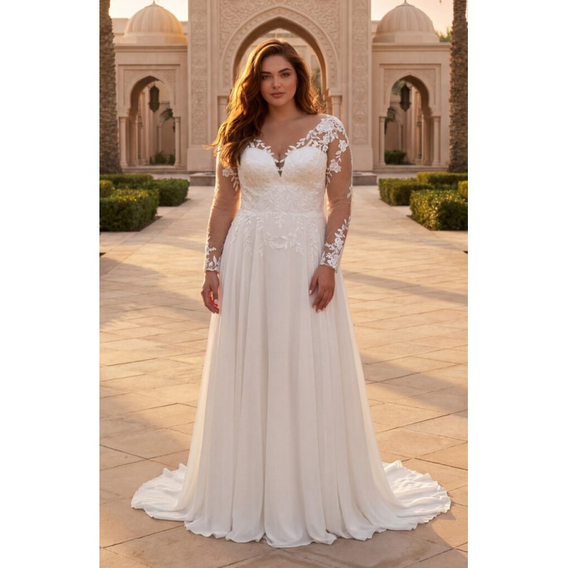 Robe de mariée fluide manches longues en dentelle grande taille