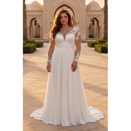 Robe de mariée fluide manches longues en dentelle grande taille