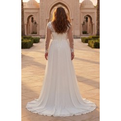 Robe de mariée fluide manches longues en dentelle grande taille - vue de dos