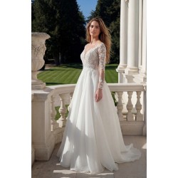 Robe fluide manches longues dentelle illusion, col V