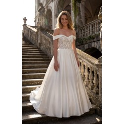 Robe de mariée princesse satin, épaules dénudées (off-shoulder), corsage dentelle illusion, jupe ample