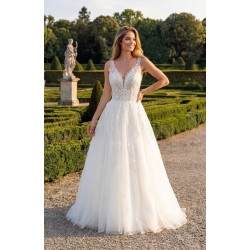 Robe princesse tulle, dentelle florale, longue traîne