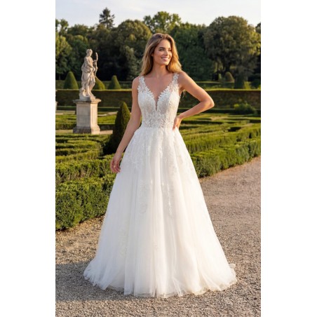 Robe princesse tulle, dentelle florale, longue traîne