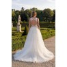 Robe princesse tulle, dos nu découpé, dentelle florale, longue traîne