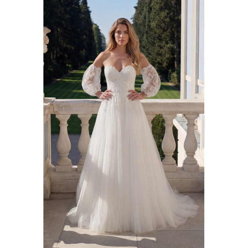 Robe de mariée princesse tulle, manches bouffantes amovibles, corsage cœur dentelle