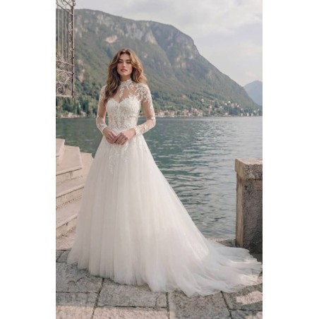 Robe princesse tulle scintillant, manches longues dentelle, col montant