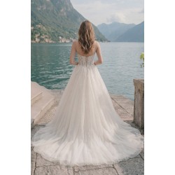 Robe princesse tulle scintillant, bretelles fines, corsage lacé dans le dos, vue de dos