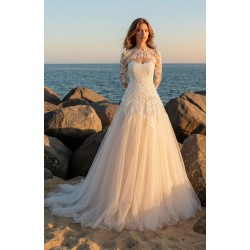 Robe princesse tulle blush, manches longues dentelle col montant illusion, dentelle florale avec bolero