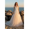 Robe princesse tulle blush, manches longues dentelle col montant illusion, dentelle florale sans bolero