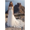 Robe de mariée fluide mousseline, bustier cœur dentelle illusion, traîne dentelle, sans manches