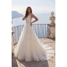 Robe princesse tulle, bretelles larges, dos U plongeant, dentelle florale