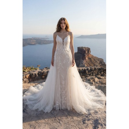 Robe sirène tulle, bretelles fines, dentelle florale sur toute la robe, traîne détachable