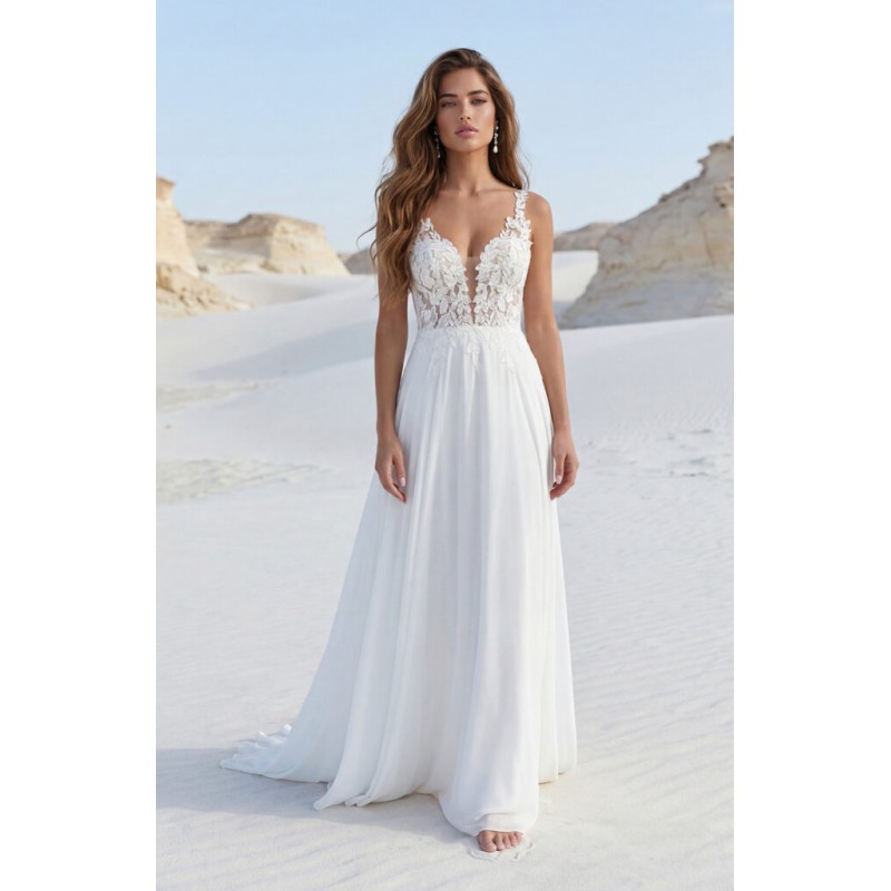 Robe de mariée fluide en mousseline bretelles fines col V dentelle 3D style bohème – modèle Izae