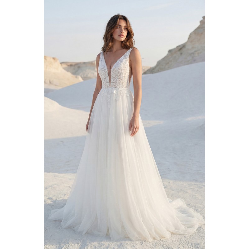 Robe trapèze avec tulle scintillant, bretelles larges, col V plongeant, corsage dentelle florale