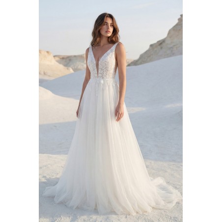 Robe trapèze avec tulle scintillant, bretelles larges, col V plongeant, corsage dentelle florale