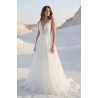 Robe trapèze avec tulle scintillant, bretelles larges, col V plongeant, corsage dentelle florale