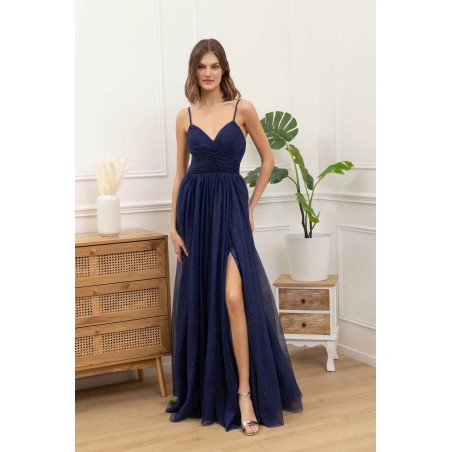 Robe de cocktail mariage en satin drapé bleu roi, col bénitier asymétrique et fente – MS