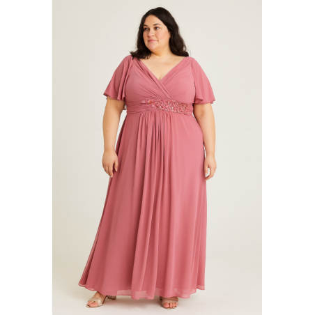 Robe de cocktail mariage longue en mousseline rose, col V croisé et broderie florale strass à la taille, grande taille – MS