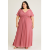 Robe de cocktail mariage longue en mousseline rose, col V croisé et broderie florale strass à la taille, grande taille – MS