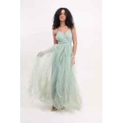 Robe de cocktail mariage longue en tulle froissé vert sauge, col V croisé et bretelles fines, jupe évasée en cascade – MS
