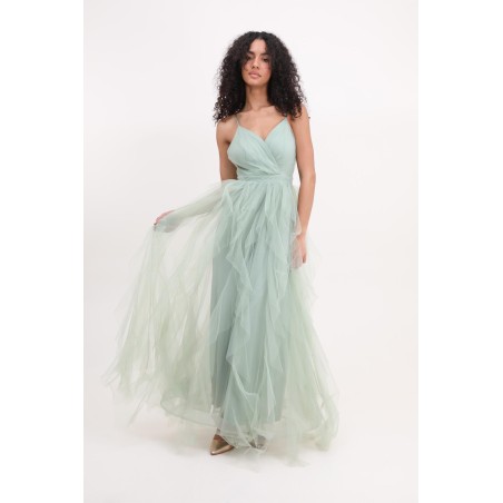 Robe de cocktail mariage longue en tulle froissé vert sauge, col V croisé et bretelles fines, jupe évasée en cascade – MS