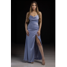Robe de cocktail mariage en satin drapé bleu poudré, bretelles fines, près du corps