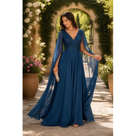 Robe de cocktail mariage longue en mousseline bleu roi, col V, haut en dentelle florale et manches cape volantes