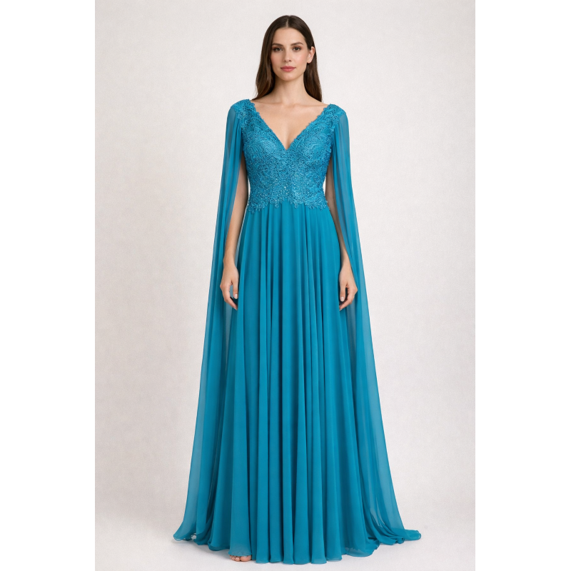 Robe de cocktail mariage longue en mousseline bleu, col V, haut en dentelle florale et manches cape volantes