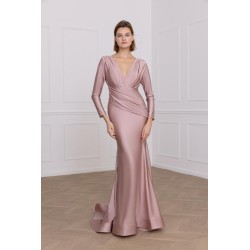 Robe de cocktail Sirène longue avec manches longues - rose poudré