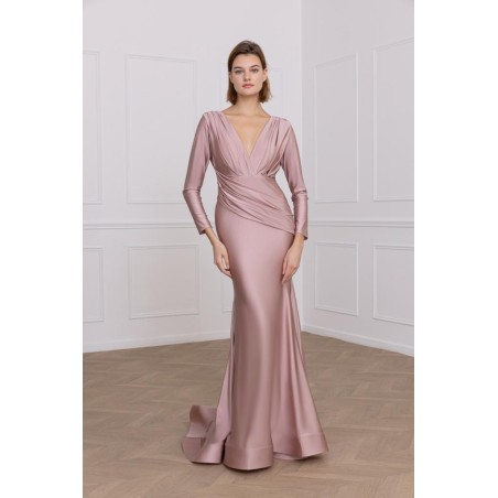 Robe de cocktail Sirène longue avec manches longues - rose poudré