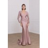 Robe de cocktail Sirène longue avec manches longues - rose poudré