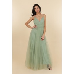 Robe de cocktail mariage longue en tulle vert sauge, col V profond et bretelles fines, jupe évasée – MS