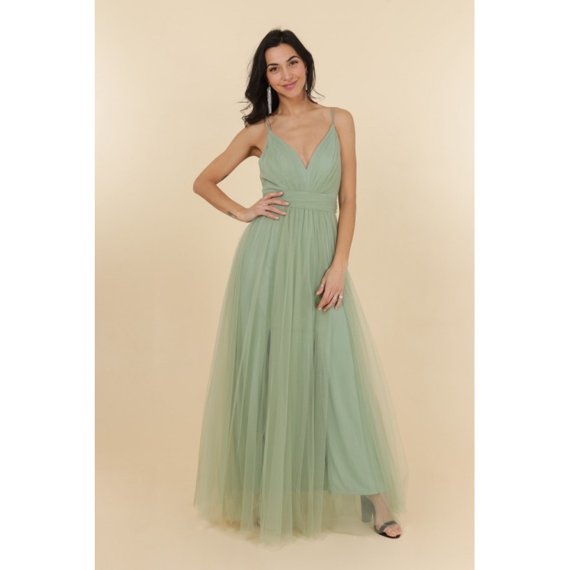 Robe de cocktail mariage longue en tulle vert sauge, col V profond et bretelles fines, jupe évasée – MS