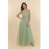 Robe de cocktail mariage longue en tulle vert sauge, col V profond et bretelles fines, jupe évasée – MS