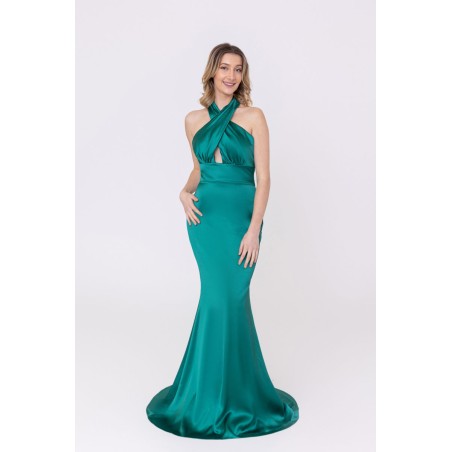 Robe de cocktail mariage longue en satin vert émeraude, col halter croisé, silhouette sirène et découpe buste – MS