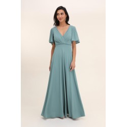 Robe de cocktail mariage longue en mousseline bleu canard, col V croisé, manches papillon et ceinture strass – MS