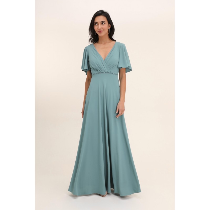Robe de cocktail mariage longue en mousseline bleu canard, col V croisé, manches papillon et ceinture strass – MS