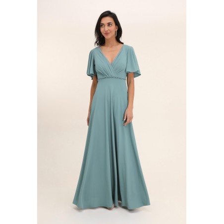 Robe de cocktail mariage longue en mousseline bleu canard, col V croisé, manches papillon et ceinture strass – MS
