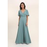 Robe de cocktail mariage longue en mousseline bleu canard, col V croisé, manches papillon et ceinture strass – MS