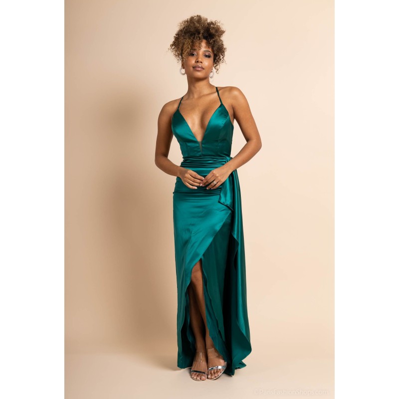 Robe cocktail longue à col V profond vert Emeraude