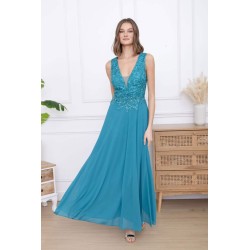 Robe de cocktail mariage longue bleu canard, haut en dentelle brodée strass, col V profond et jupe mousseline évasée – MS