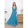 Robe de cocktail mariage longue bleu canard, haut en dentelle brodée strass, col V profond et jupe mousseline évasée – MS