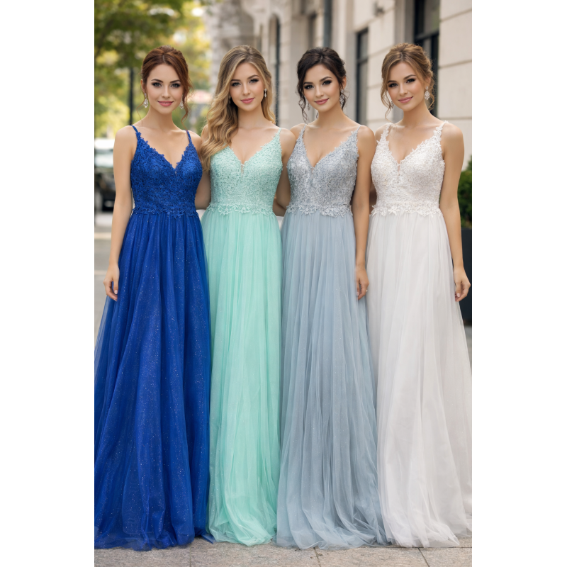 Robe cocktail longue en tulle drapé