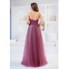 Robe de cocktail mariage longue en tulle scintillant fuchsia, haut broderie perlée baroque et col V illusion - vue de dos