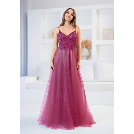 Robe de cocktail mariage longue en tulle scintillant fuchsia, haut broderie perlée baroque et col V illusion