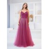 Robe de cocktail mariage longue en tulle scintillant fuchsia, haut broderie perlée baroque et col V illusion