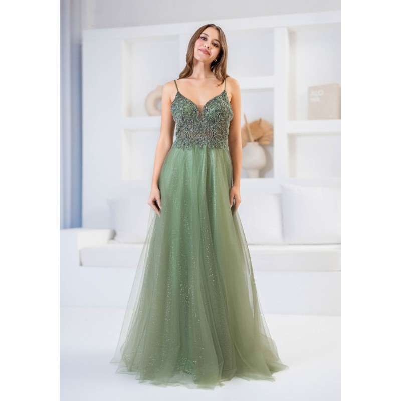 Robe de cocktail mariage longue en tulle scintillant vert sauge, haut broderie perlée baroque et col V illusion
