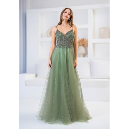 Robe de cocktail mariage longue en tulle scintillant vert sauge, haut broderie perlée baroque et col V illusion